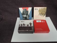 Four Royal Mint Silver Proof Coins in cases and outer card boxes, 2016 £5 100th Anniversary of the