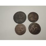 Four Isle of Man Coins, George III 1786 Penny, 1733 Half Pence x2 and a George III 1813 Half Pence