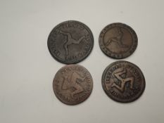 Four Isle of Man Coins, George III 1786 Penny, 1733 Half Pence x2 and a George III 1813 Half Pence