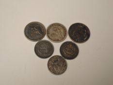 Six USA Silver Coins, 1814 Dime (10C), 1841 Dime, 1852 Dime, 1838 Half Dime x2 and 1834 Half Dime