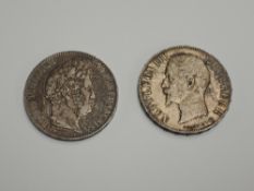 Two French Silver Five Franc Coins, 1839B & 1856BB
