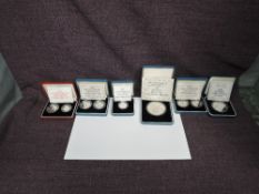 Five GB Silver Proof Coins in cases, 1990 5p Two Coin Set, 1992 10p Two Coin Set x2, 1991 £1 Coin
