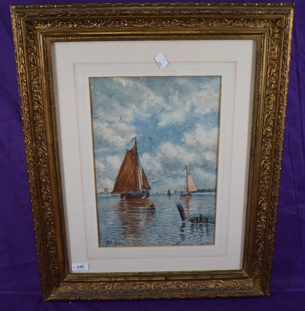 A pair of decorative early 20th century watercolours, Continental waterways with boats, - Image 2 of 5