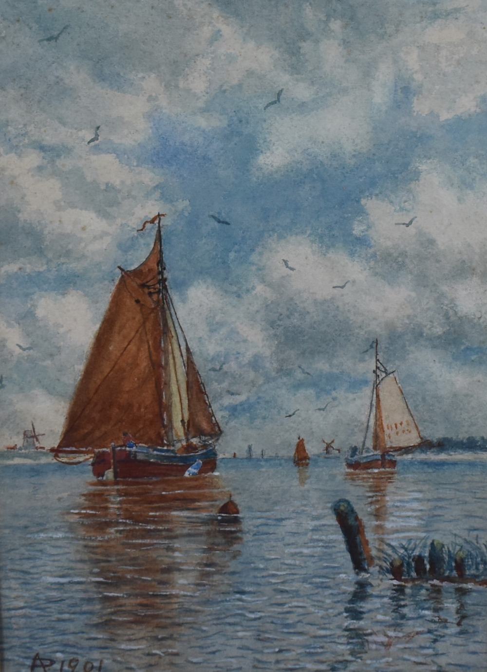 A pair of decorative early 20th century watercolours, Continental waterways with boats,