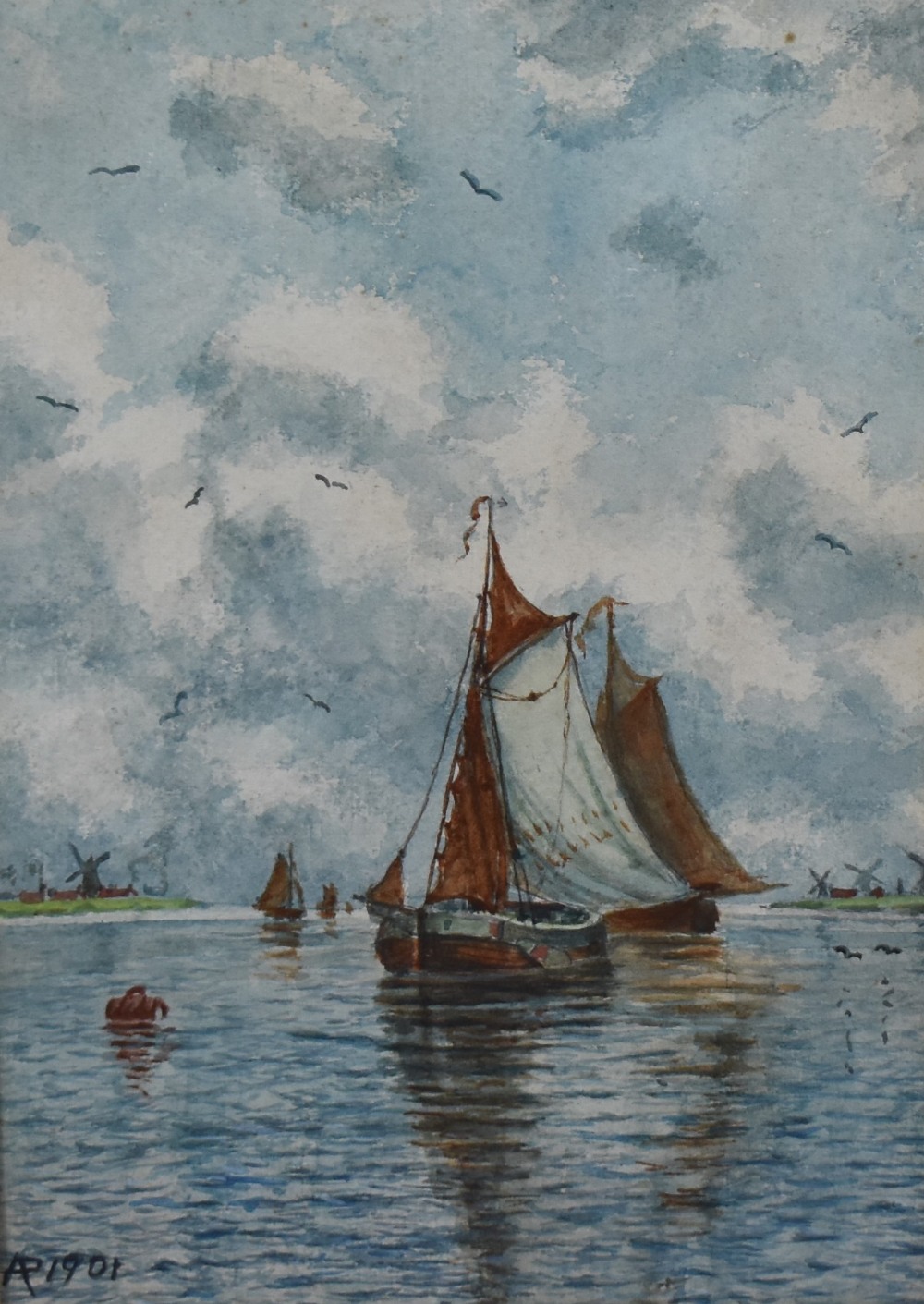 A pair of decorative early 20th century watercolours, Continental waterways with boats, - Image 4 of 5