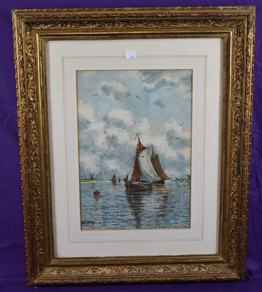 A pair of decorative early 20th century watercolours, Continental waterways with boats, - Image 5 of 5