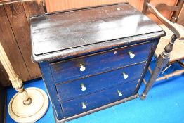 A vintage stained frame chest of three drawers, width approx. 75cm