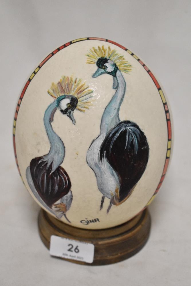 A vintage Ostritch egg having been hand decorated with an Emu design.