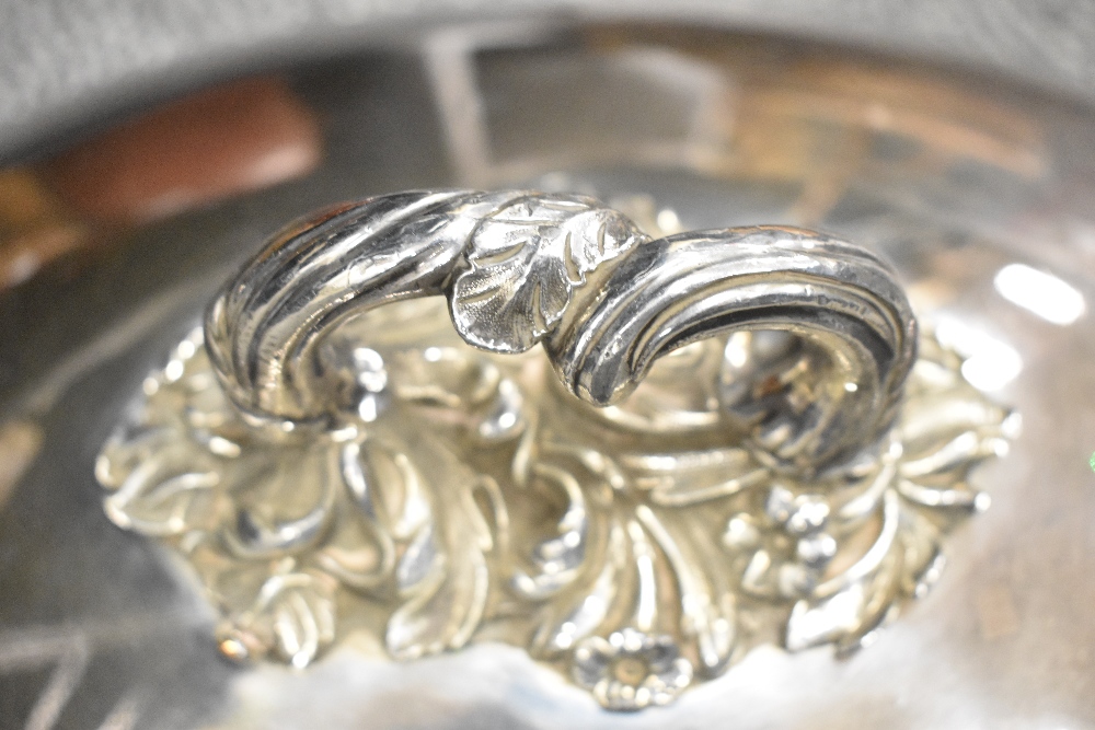 A late Victorian silver plated cloche dome lid having acanthus leaf decorated handle. 40cm long by - Image 2 of 2