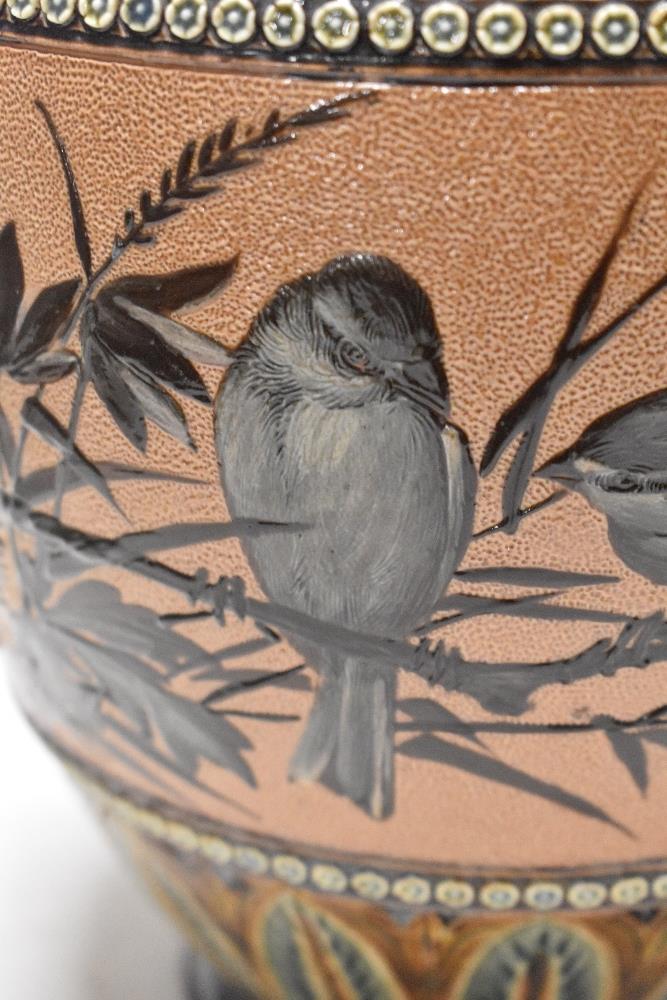 A large Lambeth Doulton aysthetic period vase, circa late 1880s, having Bird decoration to body on - Image 3 of 5