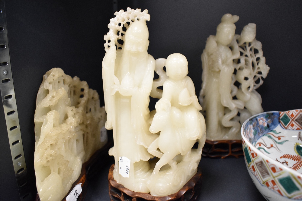 Three 20th century Chinese soap stone carved ornaments of fine detail, including two figure groups - Image 7 of 8