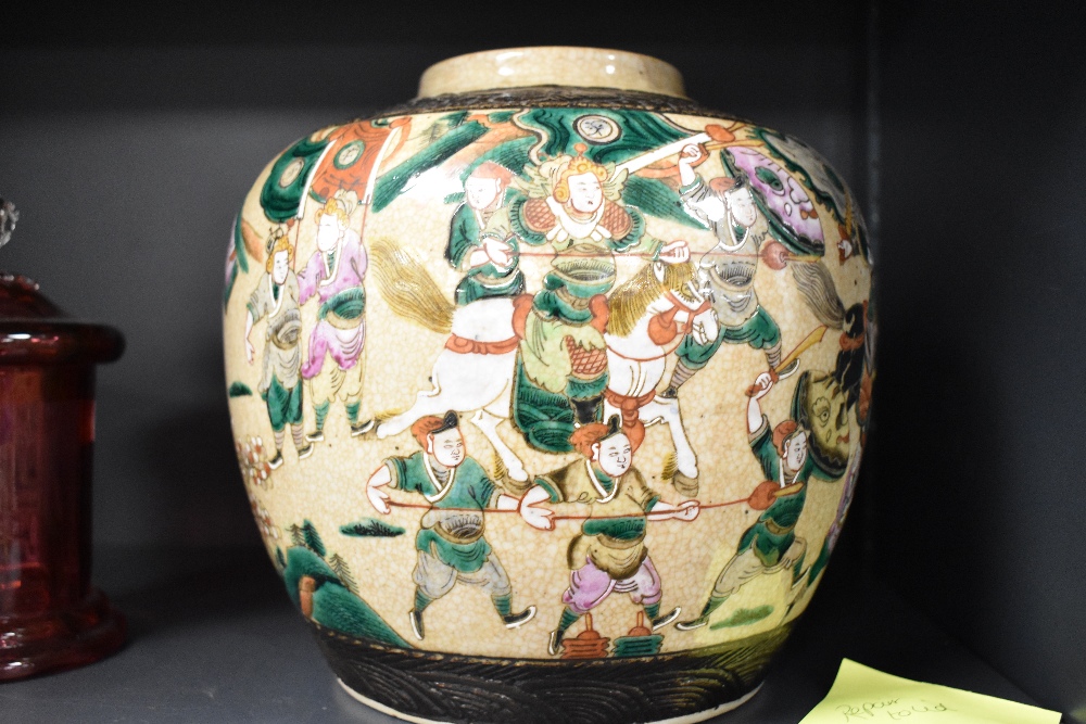A large reproduction Chinese ginger jar decorated in crackle glaze famille vert with scenes of - Image 6 of 8