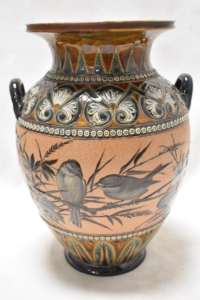 A large Lambeth Doulton aysthetic period vase, circa late 1880s, having Bird decoration to body on - Image 2 of 5