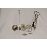 A small collection of HM silver items including a small straining spoon marked JM and table salts.