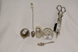 A small collection of HM silver items including a small straining spoon marked JM and table salts.