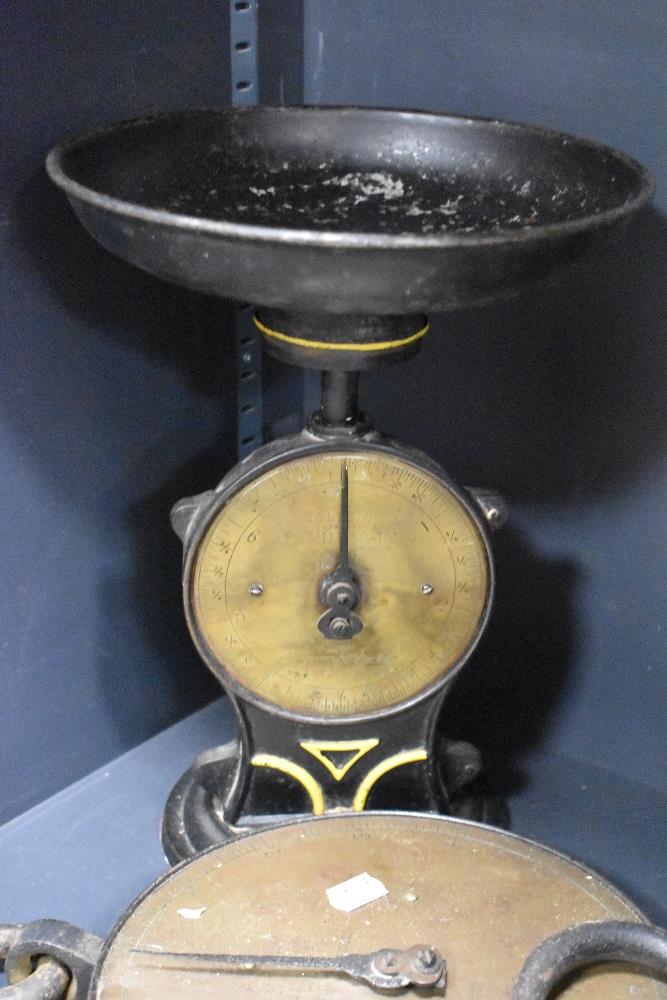Two sets of early 20th century Salter scales including No.20T and No.50 with a brass cast jam pan. - Image 2 of 2