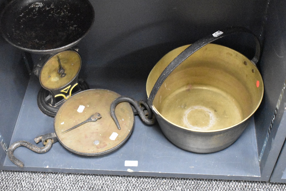 Two sets of early 20th century Salter scales including No.20T and No.50 with a brass cast jam pan.