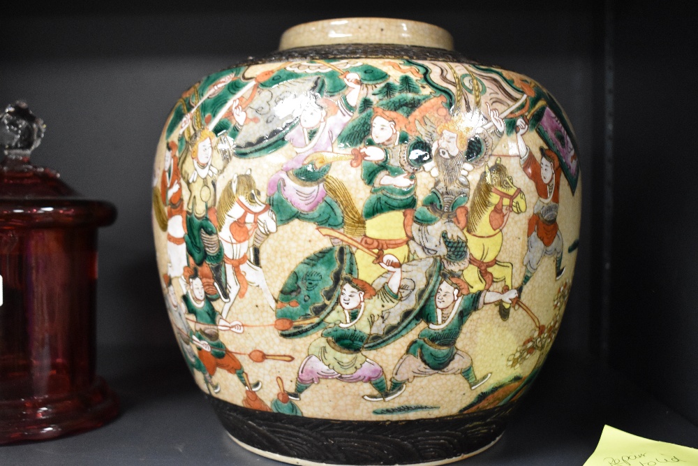 A large reproduction Chinese ginger jar decorated in crackle glaze famille vert with scenes of - Image 7 of 8