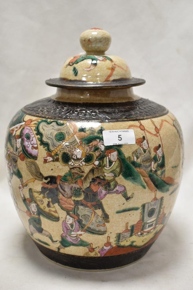 A large reproduction Chinese ginger jar decorated in crackle glaze famille vert with scenes of - Image 2 of 8