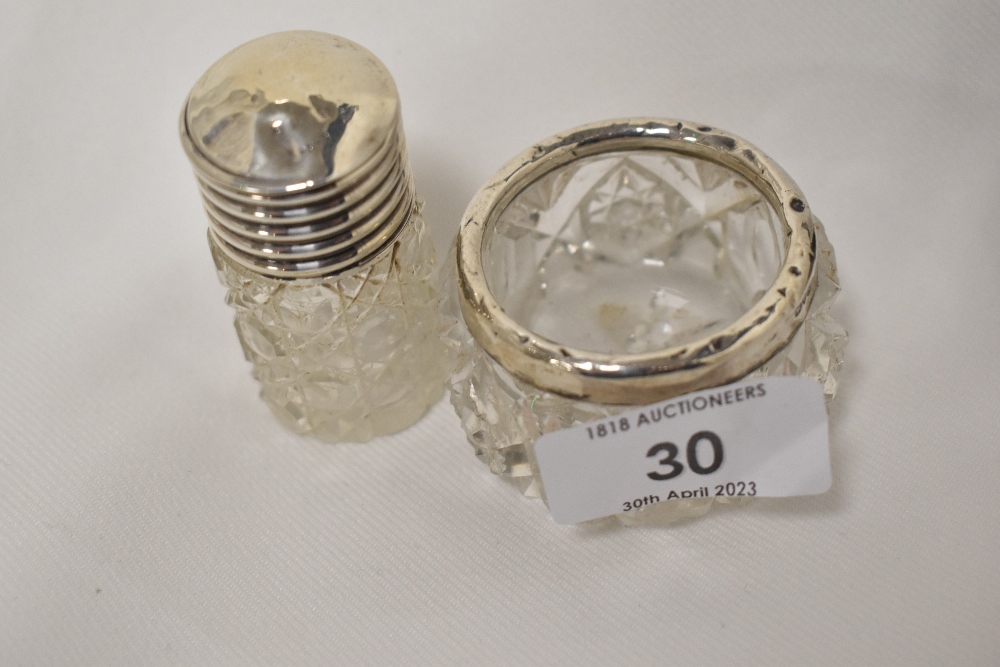 A small collection of HM silver items including a small straining spoon marked JM and table salts. - Image 3 of 3