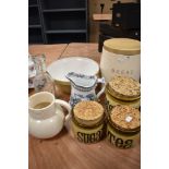 A selection of kitchen ware ceramics including Mason cash mixing bowl, Bread crock and Granville