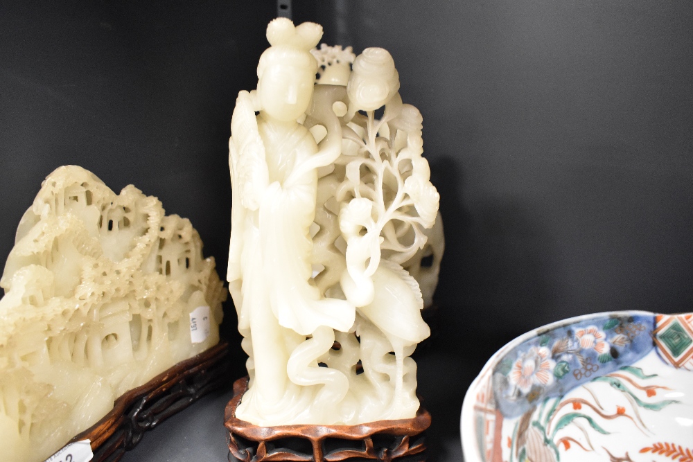 Three 20th century Chinese soap stone carved ornaments of fine detail, including two figure groups - Image 8 of 8
