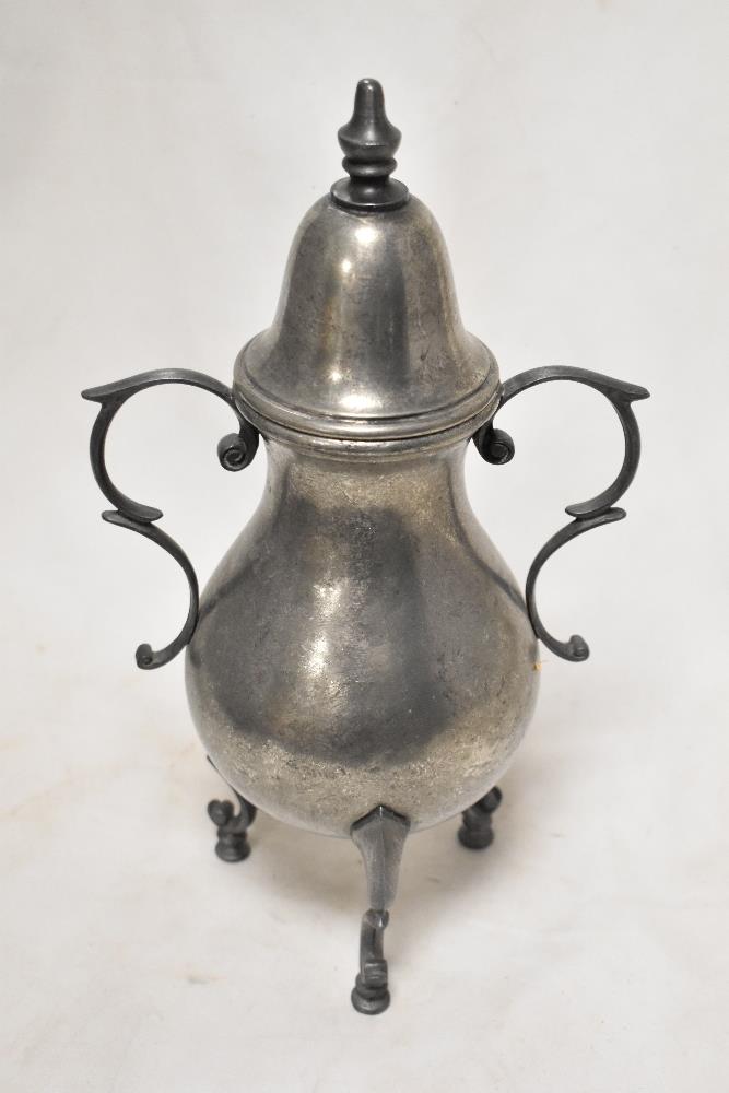 An early 20th century pewter samovar tea pot in a Gothic design on tripod base. - Image 2 of 2