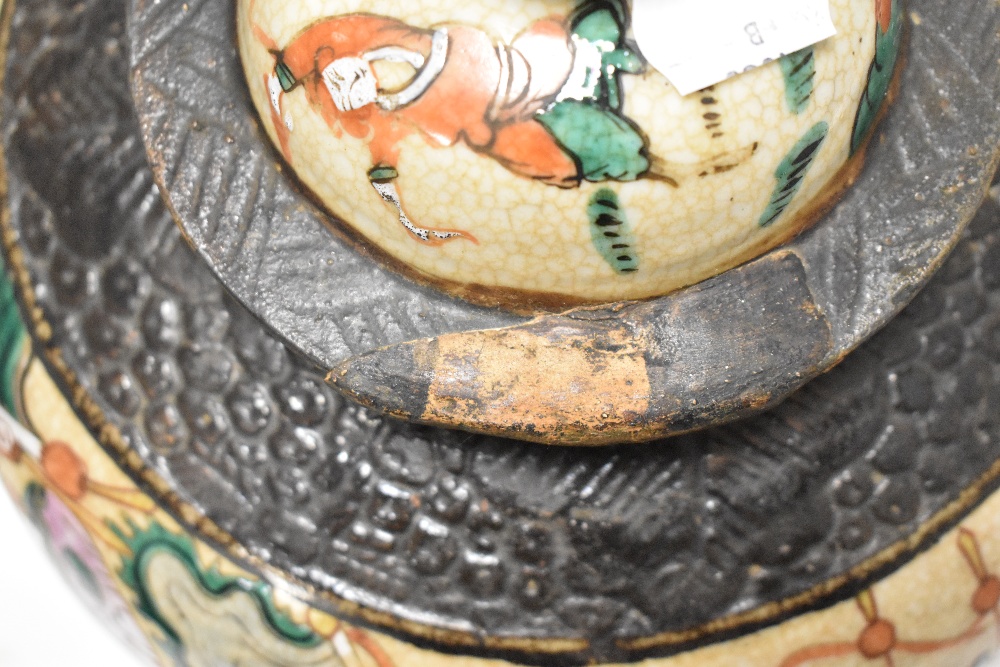 A large reproduction Chinese ginger jar decorated in crackle glaze famille vert with scenes of - Image 3 of 8
