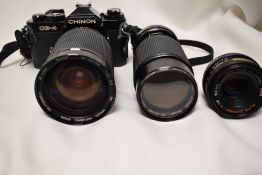 A Chinon CE4 SLR camera with Vivitar 80-200mm lens, Chinon 50mm lens and Cobra 28mm lens, Brawn