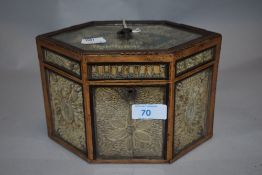 A George III period rolled paper or quillwork under glass panels hexagonal tea caddy.