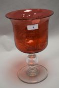 A Large Victorian glass mantel vase with hand blown ruby bowl etched with Mary Burgess 1877