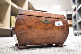 A fine Georgian Bombe chest form tea caddy having Walnut veneer case with Birds Eye Maple inner on