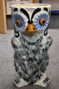 A mid century ceramic owl umbrella or stick stand hand decorated. In good condition. 44cm tall