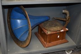 An early 20th century or late Victorian Gramophone shellac record player with original horn.