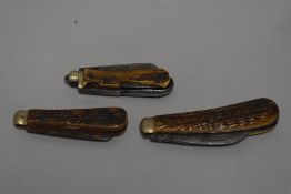 Three Victorian Saynor, Cooke and Ridal horn handled pruning knives.