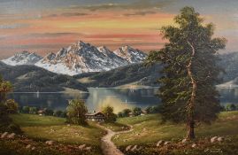 A 20th century oil on canvas, German Alpine lake scene, signed H.Franke lower right, within a