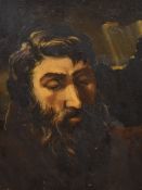 Unknown artist, oil on board head Jesus Christ, crepuscular rays breaking through heavy clouds