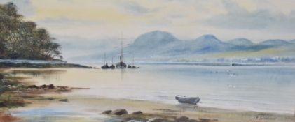 J.W Stedman (British 19th/20th century) watercolours, estuary scene with moored/anchored boars,