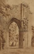A 19th century monochrome watercolour, ruined abbey St Mary's Abbey York, initialled T.T lower left,