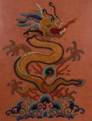 An attractive mid to late 20th century polychrome embroidery, depicting a five-clawed Chinese