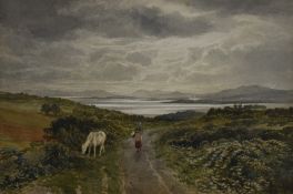 Attributed to Samuel Bough (British 1822-1878) watercolour, Scottish loch scene, with white horse