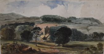 An early 20th century watercolour sketch, rural church scene, mounted and initialled A.E in pencil