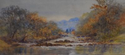 A 19th century English School watercolour, autumnal river scene, unsigned within a gilt card mount