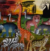 Two colourful and attractive late 20th century African Tingatinga artworks on canvas, depicting