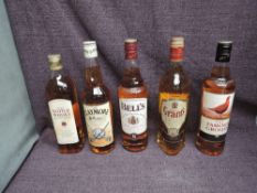 Five bottles of Blended Scotch Whisky, Bell's 8 Year, The Claymore, The Famous Grouse, William