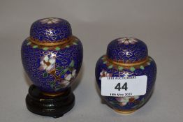 Two modern miniature cloisonné enamel ginger jars, of traditional design one retaining wooden stand