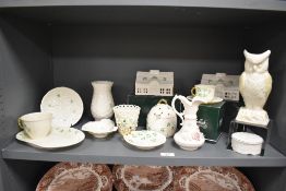 A collection of Irish Belleek porcelain, to include honey pot, owl figure, pastille burner, vases,