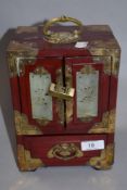 A 20th century Chinese brass mounted and green stone panelled table jewellery cabinet, slight damage