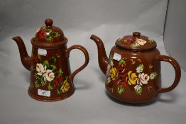 A modern pottery barge ware coffee pot and near matching enamel teapot