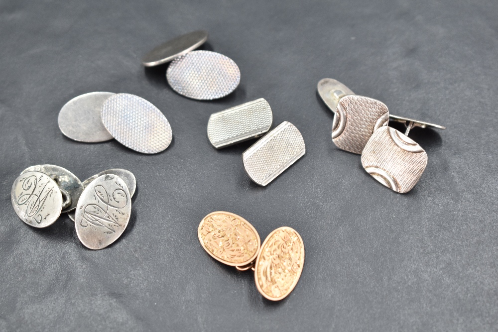 Three pairs of silver cufflinks of various forms and a broken 9ct rose ...